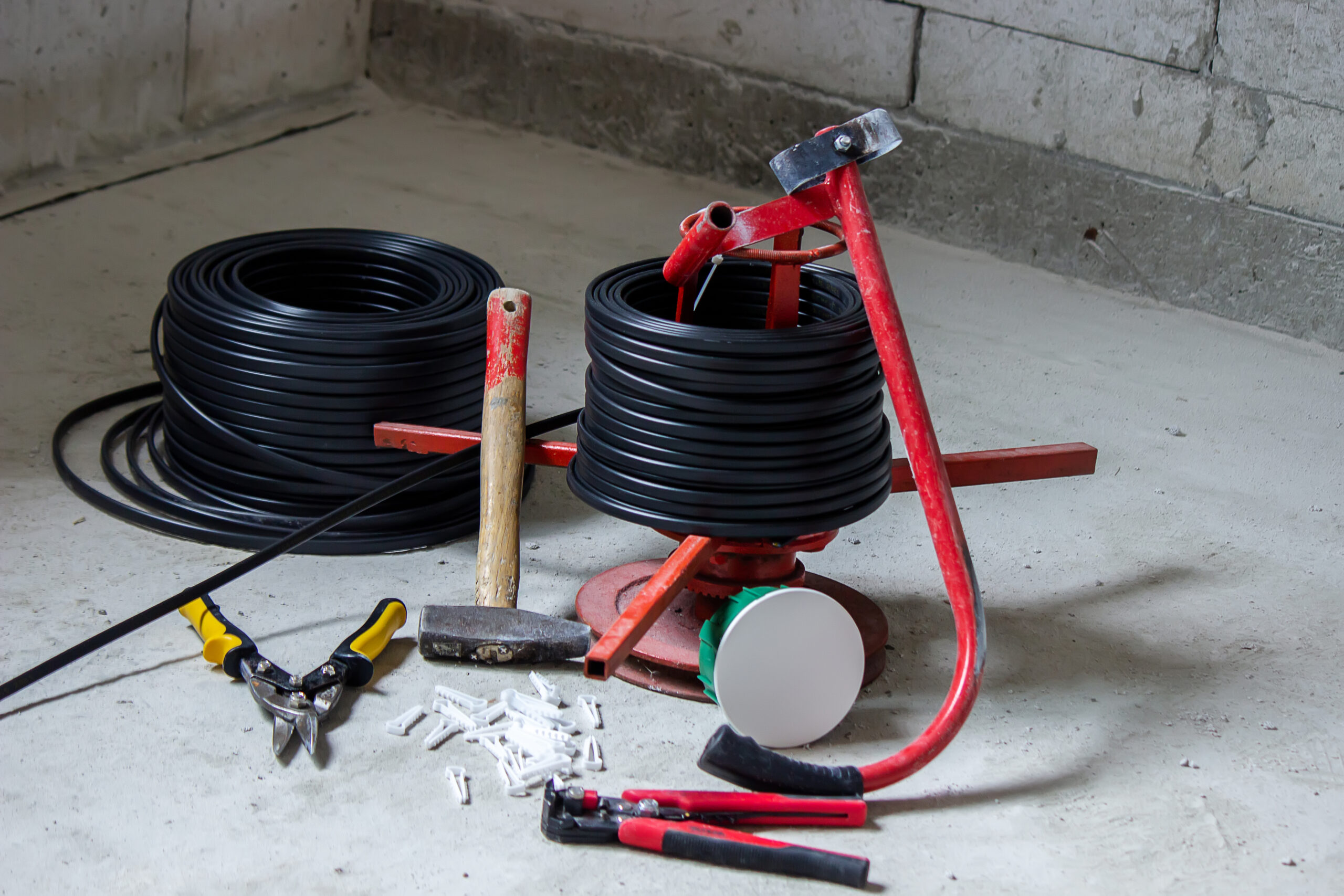 electrical wiring of the house, cable on the wall in the gate. Selective focus