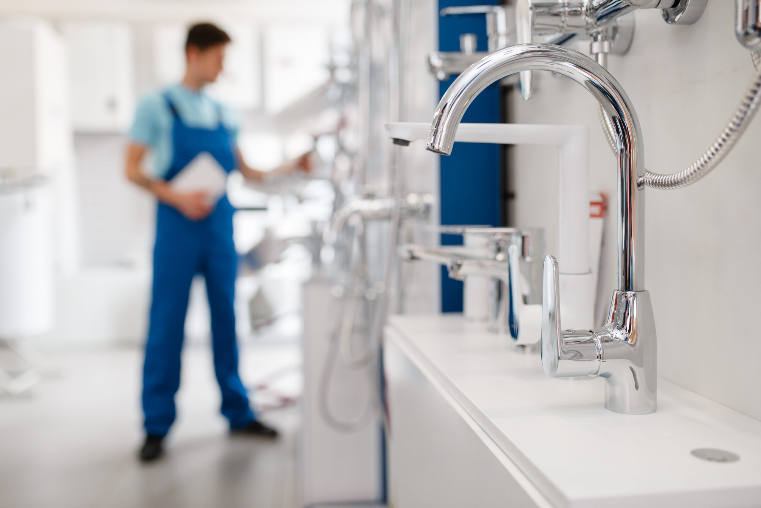 Plumber in uniform choosing faucet at showcase in plumbering store. Man with notebook buying sanitary engineering in shop